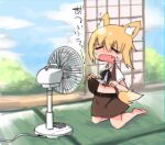  1girl animal_ear_fluff animal_ears bangs barefoot belt black_belt black_bow black_bowtie blonde_hair blue_sky blush bow bowtie brown_shirt brown_skirt center_frills closed_eyes clothes_lift clouds collared_shirt commentary_request cookie_(touhou) day electric_fan eyebrows_visible_through_hair fang fox_ears fox_girl fox_tail frills full_body hair_between_eyes hot indoors kneeling lifted_by_self miramikaru_riran open_mouth shimosuke shirt shirt_lift short_hair shouji skirt sky sliding_doors solo tail translation_request white_shirt 