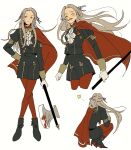  1girl artist_request ascot axe blood blue_eyes blush cape closed_mouth edelgard_von_hresvelg fire_emblem fire_emblem:_three_houses garreg_mach_monastery_uniform gloves hair_ornament hair_ribbon highres long_hair long_sleeves looking_at_viewer pantyhose red_cape ribbon simple_background smile solo uniform violet_eyes weapon white_hair 