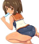  1girl ass bare_shoulders blush brown_eyes brown_hair food food_in_mouth highres i-401_(kancolle) kantai_collection kurokoshou_(emuburemu123) looking_at_viewer one-piece_swimsuit ponytail popsicle sexually_suggestive sitting solo swimsuit tan wariza 