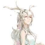  1girl bangs black_hairband closed_mouth corrin_(fire_emblem) corrin_(fire_emblem)_(female) curly_hair fire_emblem fire_emblem_fates flower hair_between_eyes hair_flower hair_ornament hairband horns long_hair looking_up pink_flower pointy_ears red_eyes robaco shirt simple_background sketch sleeveless sleeveless_shirt solo standing very_long_hair white_background white_hair white_shirt 