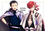 2boys ^_^ ^o^ abs absurdres background_text bangs black_hair closed_eyes closed_mouth commentary_request earrings eyebrow_cut fate/grand_order fate_(series) gloves hair_over_one_eye hair_strand hand_on_hilt highres jacket jacket_on_shoulders japanese_clothes jewelry katana long_hair long_sleeves looking_at_viewer male_focus multicolored_hair multiple_boys open_mouth pectoral_cleavage pectorals ponytail red_eyes redhead sakamoto_ryouma_(fate) sakamoto_ryouma_(lancer)_(fate) simple_background smile streaked_hair sword takasugi_shinsaku_(fate) teeth tei4_en9 toned toned_male underpec upper_body weapon white_gloves white_hair white_jacket 