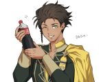  1boy bottle brown_hair claude_von_riegan coca-cola dark-skinned_male dark_skin earrings fe_pno fire_emblem fire_emblem:_three_houses garreg_mach_monastery_uniform green_eyes grin highres holding holding_bottle jewelry korean_text long_sleeves looking_at_viewer one_eye_closed short_hair simple_background smile soda_bottle solo translation_request upper_body white_background 