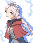  1girl ahoge bangs blue_eyes braid capelet chest_harness choker closed_mouth fire_emblem fire_emblem_fates hairband harness hood hooded_capelet leather long_hair looking_at_viewer nina_(fire_emblem) one_eye_closed pink_hair reverse_(bluefencer) smile solo turtleneck twin_braids upper_body 