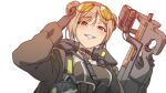  1girl bangs black_choker black_gloves black_jacket blush bullpup choker commission cup double_bun eyebrows_visible_through_hair eyewear_on_head fingerless_gloves gas_mask girls_frontline gloves gun holding holding_cup jacket light_brown_hair looking_at_viewer mask open_mouth p90 p90_(girls&#039;_frontline) pixiv_request red_eyes salute short_hair smile solo submachine_gun sunglasses teeth_hold triangle_bullet upper_body weapon white_background 
