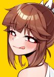 1girl :q absurdres bangs bare_shoulders blunt_bangs blush bright_pupils brown_hair english_commentary eyebrows_visible_through_hair hair_bun highres looking_at_viewer original red_eyes sidelocks simple_background solo tongue tongue_out unexistarts white_pupils yellow_background 