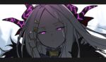  1girl absurdres backlighting blue_archive blue_jacket blurry closed_mouth depth_of_field frown glaring grey_hair hair_ornament hairclip high_collar highres hina_(blue_archive) horns jacket laika_(sputnik2nd) letterboxed long_hair multiple_horns portrait solo violet_eyes 