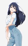  1girl arm_grab bangs black_hair breasts casual character_request contrapposto copyright_request cropped_shirt denim feet_out_of_frame from_side grin hand_on_own_leg highres jeans kamo_kamen long_hair looking_at_viewer medium_breasts pants shirt simple_background smile solo white_background white_shirt wind 