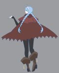  1girl 596821w ahoge back back_turned bangs blue_eyes blue_hair boots braid bridal_gauntlets cape fire_emblem fire_emblem_fates full_body hairband hood hooded_cape looking_at_viewer looking_back nina_(fire_emblem) pantyhose solo twin_braids 