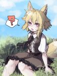  1girl ? animal_ears asymmetrical_hair bangs black_necktie blonde_hair blue_sky blush brown_skirt brown_vest clouds collared_shirt commentary_request cookie_(touhou) day eyebrows_visible_through_hair fang feet_out_of_frame fox_ears fox_girl fox_tail grass hair_between_eyes highres looking_at_viewer medium_hair miramikaru_riran necktie open_mouth outdoors red_eyes shimosuke shirt short_sleeves sidelocks sitting skirt sky solo spoken_question_mark tail vest white_shirt 