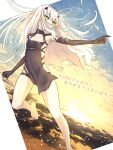  1girl barefoot fairy_knight_lancelot_(fate) fate/grand_order fate_(series) highres long_hair nozo_illust4869 solo sunset white_hair yellow_eyes 