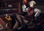  1boy blue_eyes brown_pants facial_hair fate/grand_order fate_(series) food formal fruit glasses grey_hair holding holding_food holding_fruit james_moriarty_(fate) long_sleeves looking_at_viewer male_focus mustache old old_man pants short_hair sitting solo striped striped_pants suminagashi vest 