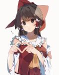  1girl ascot bangs bare_shoulders blush bow breasts brown_hair closed_mouth collarbone collared_shirt detached_sleeves eyebrows_visible_through_hair flying_sweatdrops frills gominami grey_background grey_eyes hair_between_eyes hair_ornament hair_tubes hakurei_reimu hands_up heart heart_hands highres long_sleeves looking_at_viewer medium_breasts nervous red_bow red_shirt shirt short_hair simple_background solo sweat sweatdrop symbol-only_commentary touhou upper_body wide_sleeves yellow_ascot 