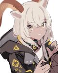  1girl animal_ear_fluff animal_ears arknights bangs beeswax_(arknights) black_jacket brown_eyes commentary_request dark-skinned_female dark_skin eyebrows_visible_through_hair grey_hair hair_between_eyes hands_up highres hood hood_down hooded_jacket horns jacket looking_at_viewer open_clothes open_jacket parted_lips shirt simple_background solo tetuw upper_body white_background white_shirt 