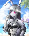  3girls :3 :d animal_ears bangs beach bikini black_bikini blue_sky blue_swimsuit breasts closed_mouth clouds colored_skin commentary_request cookie_(touhou) day expressionless eyebrows_visible_through_hair eyes_visible_through_hair fake_hisui_(cookie) grey_hair grey_jacket grey_skin hair_between_eyes highres hisui_(cookie) horizon jacket long_hair looking_at_another looking_at_viewer medium_breasts metal_hisui_(cookie) metal_skin multiple_girls navel ocean off_shoulder one_eye_closed outdoors palm_tree purple_hair rabbit_ears red_eyes reisen_udongein_inaba school_swimsuit shimosuke short_hair sky smile solid_circle_eyes solo_focus splashing swept_bangs swimsuit touhou tree upper_body water 