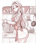  1girl absurdres an-94_(girls&#039;_frontline) apron english_commentary girls_frontline hairband highres holding holding_ladle holding_plate kitchen ladle long_hair long_sleeves monochrome pencil_skirt peroronti plate pot shirt skirt smile solo steam turtleneck 