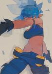 1girl abstract ammunition_belt bare_shoulders belt black_gloves blue_eyes blue_hair breasts gloves highres leona_heidern navel pants ponytail sleeveless solo stomach tears tekito03 the_king_of_fighters 