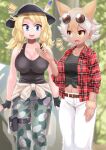  2girls absurdres animal_ears arm_at_side arms_at_sides bare_arms bare_shoulders blonde_hair blue_eyes blurry blurry_background breasts brown_hair calenda_(kemono_friends) camisole coyote_(kemono_friends) cuffs dark-skinned_female dark_skin day earrings extra_ears eyewear_on_head fangs feet_out_of_frame fur_cuffs hair_between_eyes hand_up hat hat_feather highres impossible_clothes jewelry kemono_friends large_breasts light_brown_hair long_hair looking_at_another medium_hair midriff multicolored_hair multiple_girls navel open_clothes open_mouth open_shirt outdoors pants plaid plaid_shirt pouch ras_(ras33635191) round_eyewear shirt smile standing stomach sunglasses taut_clothes thigh_strap two-tone_hair white_hair white_pants yellow_eyes 
