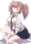  1girl alternate_costume atlanta_(kancolle) black_skirt breasts brown_hair collared_shirt commentary_request dress_shirt earrings feet_out_of_frame fuji_(pixiv24804665) grey_eyes highres jewelry kantai_collection kneehighs large_breasts long_hair looking_at_viewer necktie red_necktie school_uniform shirt sitting skirt smile solo star_(symbol) star_earrings two_side_up white_legwear white_shirt 