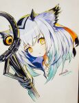  1girl :/ arknights bright_pupils disembodied_limb eyebrows_visible_through_hair furrowed_brow gloves gradient_hair hair_ribbon highres holding holding_staff light_blue_hair looking_at_viewer medium_request multicolored_hair orange_ribbon owl_ears photo_(medium) portrait ptilopsis_(arknights) ribbon signature slight_frown solo staff team_moka traditional_media white_hair white_pupils 