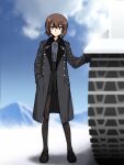  1girl bangs black_coat black_footwear black_legwear black_skirt blue_sky blurry blurry_background breath brown_eyes brown_hair closed_mouth clouds cloudy_sky coat commentary_request day depth_of_field dress_shirt full_body girls_und_panzer grey_shirt ground_vehicle hand_in_pocket highres kuromorimine_school_uniform loafers long_sleeves looking_at_viewer military military_vehicle miniskirt motor_vehicle mountainous_horizon nishizumi_maho oosaka_kanagawa open_clothes open_coat outdoors pantyhose partial_commentary pleated_skirt school_uniform shadow shirt shoes short_hair skirt sky smile solo standing tank trench_coat wing_collar winter_uniform 