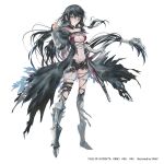  1girl armored_boots asymmetrical_clothes bandaged_arm bandages belt black_hair boots bridal_gauntlets commentary_request full_body highres long_hair revealing_clothes single_vambrace solo swav tales_of_(series) tales_of_berseria torn_clothes vambraces velvet_crowe white_background yellow_eyes 