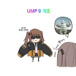  2girls alternate_costume bangs bibendum blindfold brown_eyes brown_hair eyebrows_visible_through_hair girls_frontline hair_ornament hairclip highres jacket korean_text long_hair looking_at_another michelin mmm_(ji1945) multiple_girls open_clothes open_jacket open_mouth scar scar_across_eye shirt side_ponytail smile standing symbol-only_commentary the_north_face translation_request twintails ump45_(girls&#039;_frontline) ump9_(girls&#039;_frontline) white_background white_shirt yellow_jacket 