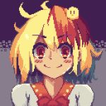  1girl animal_on_head bangs bird bird_on_head blonde_hair chick closed_mouth eyebrows_visible_through_hair kappalabo looking_at_viewer multicolored_hair niwatari_kutaka on_head pixel_art red_eyes redhead short_hair smile solo touhou two-tone_background two-tone_hair upper_body 