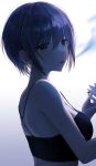  1girl absurdres back bangs bare_shoulders breasts crop_top earrings eyebrows_visible_through_hair hair_between_eyes highres jewelry large_breasts looking_at_viewer mole mole_under_eye myowa open_mouth original purple_hair short_hair sidelocks violet_eyes 