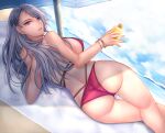 1girl ass beach bikini bracelet breasts brown_eyes clouds cloudy_sky dutch_angle earrings eyebrows_visible_through_hair grey_hair hair_ornament highres holding jewelry large_breasts long_hair looking_back lying niijima_sae ocean on_side open_mouth outdoors parasol persona persona_5 red_bikini shoulder_blades sidelocks sky solo strap_gap summer swimsuit thigh_gap umbrella yaoto 