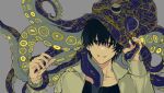  1boy animal animal_on_head bangs black_hair black_shirt chainsaw_man grey_background hair_over_eyes highres hirofumi_yoshida jacket looking_at_viewer mole mole_under_mouth octopus on_head sea_creature shirt short_hair simple_background smile solo_focus tentacle_grab tentacles tentacles_under_clothes tuzaixia white_jacket 