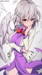  1girl arm_under_breasts bird_wings bow bowtie braid breasts closed_mouth collared_shirt commentary_request cowboy_shot eyebrows_visible_through_hair feathered_wings feathers french_braid grey_feathers grey_hair grey_jacket grey_wings hand_on_own_chin highres jacket kishin_sagume large_breasts long_sleeves purple_shirt purple_skirt red_bow red_bowtie red_eyes shirt short_hair single_wing skirt solo thighs touhou wings yoshinatsu 