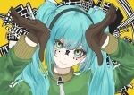  1girl absurdres bangs blue_eyes blue_hair cityscape eyebrows_visible_through_hair facial_mark gloves hands_up hatsune_miku head_tilt headphones highres jacket long_hair long_sleeves looking_at_viewer matryoshka_(vocaloid) multicolored_eyes osam smile solo track_jacket twintails vocaloid yellow_eyes 