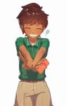 1girl amphibia anne_boonchuy belt brown_hair cellphone closed_eyes frog green_shirt grin highres holding holding_phone khakis light_blush older phone ponytail quiroring racket shirt simple_background smartphone smile solo tennis_racket upper_body v