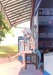  1girl cat_ears chair from_side gawr_gura hololive hololive_english ice_cream lifted_clothing looking_at_viewer navel refrigerator shadow shark_girl shark_tail shop sitting slippers stomach summer sunlight sweat tree 