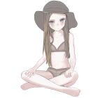  1girl barefoot brown_hair flat_chest frown full_body grey_eyes hat highres indian_style long_hair mocha_(snowflake) navel original short_shorts shorts simple_background sitting solo toes white_background 