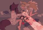  2girls absurdres all_fours animal_ear_fluff animal_ears apple arknights barefoot blonde_hair blue_hairband book collared_shirt faceless faceless_female food fox_ears fox_girl fox_tail fruit hair_down hairband highres holding holding_knife kitsune knife long_hair long_sleeves multicolored_hair multiple_girls open_book puffy_short_sleeves puffy_sleeves purple_hair red_(girllove) red_apple shamare_(arknights) shirt short_sleeves stuffed_animal stuffed_dog stuffed_toy stuffing suzuran_(arknights) tail twintails two-tone_hair white_hair white_shirt 