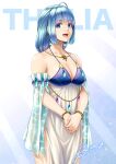  1girl ahoge bangs bare_shoulders blue_eyes blue_hair blue_sleeves bracelet breasts character_name dated detached_sleeves dress earrings eyebrows_visible_through_hair greek_mythology halter_dress halterneck jewelry large_breasts lioreo long_hair long_sleeves looking_at_viewer necklace open_mouth original own_hands_together see-through side_slit signature smile solo white_dress 