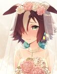  1girl alternate_costume animal_ears bare_shoulders blush bouquet bridal_veil brown_hair closed_mouth collarbone dress eyebrows_visible_through_hair hair_over_one_eye highres holding holding_bouquet horse_ears horse_girl jewelry kotobuki_(momoko_factory) lips looking_at_viewer multicolored_hair necklace solo sweat twitter_username umamusume upper_body veil vodka_(umamusume) wedding_dress white_dress white_hair yellow_eyes 