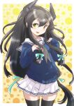  1girl adapted_costume black_hair black_legwear blue_sweater commentary_request fuji_(pixiv24804665) green_eyes grey_neckerchief hair_ribbon headgear highres i-47_(kancolle) kantai_collection long_hair looking_at_viewer low-tied_long_hair neckerchief pleated_skirt ribbon sailor_collar sidelocks skirt solo standing sweater thigh-highs tress_ribbon white_sailor_collar white_skirt zettai_ryouiki 