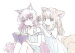  2girls animal_ear_fluff animal_ears arknights bare_arms bare_shoulders blue_hairband book bow closed_mouth collarbone dress feet_out_of_frame fox_ears fox_girl fox_tail hair_brush hair_brushing hair_down hairband holding holding_book kitsune knees_up long_hair multiple_girls open_book purple_hair red_(girllove) shamare_(arknights) short_sleeves simple_background sleeveless sleeveless_dress smile strap_slip suzuran_(arknights) tail violet_eyes white_background white_bow white_dress 