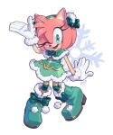  1girl amy_rose artist_name boots christmas diadem dress evan_stanley gloves green_eyes highres looking_at_viewer one_eye_closed open_mouth pink_fur ribbon sleeveless smile snowflakes solo sonic_(series) tongue 