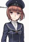  1girl black_neckerchief blue_dress blue_sailor_collar brown_eyes brown_hair clothes_writing dress hat kantai_collection looking_at_viewer makun_dx neckerchief one-hour_drawing_challenge sailor_collar sailor_dress sailor_hat short_hair simple_background solo twitter_username white_background z3_max_schultz_(kancolle) 