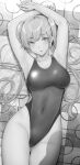  1girl absurdres armpits arms_up bangs breasts commentary commentary_request competition_swimsuit covered_navel cowboy_shot eyebrows_visible_through_hair gentsuki greyscale highleg highleg_swimsuit highres kimi_omou_koi kuroe_(kimi_omou_koi) large_breasts long_hair looking_at_viewer lying monochrome on_back one-piece_swimsuit parted_lips solo swimsuit thighs twintails 