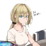  1girl bangs blonde_hair blue_eyes braid breasts censored censored_food closed_mouth collarbone eyebrows_visible_through_hair g36_(girls&#039;_frontline) girls_frontline highres korean_text long_hair looking_at_viewer medium_breasts mmm_(ji1945) shirt solo sweatdrop symbol-only_commentary translation_request upper_body white_background white_shirt 