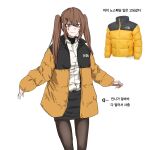  1girl alternate_costume bangs black_legwear black_skirt brown_eyes brown_hair closed_mouth eyebrows_visible_through_hair feet_out_of_frame girls_frontline hair_ornament hairclip highres jacket korean_text long_hair looking_at_viewer mmm_(ji1945) open_clothes open_jacket pantyhose shirt skirt smile solo standing symbol-only_commentary the_north_face translation_request twintails ump9_(girls&#039;_frontline) white_background white_shirt yellow_jacket 