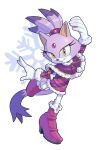  1girl artist_name blaze_the_cat boots cape christmas dancing dress evan_stanley gem gloves hairband highres leg_up looking_at_viewer pants ponytail purple_fur short_dress smile snowflakes solo sonic_(series) tail teeth 