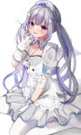  1girl :d amane_kanata angel angel_wings apron bandaged_arm bandages between_legs blue_hair blush detached_collar eyebrows_visible_through_hair gloves grey_hair hair_ornament hairclip hand_between_legs hat highres holding holding_syringe hololive long_hair looking_at_viewer nurse nurse_cap official_alternate_costume open_mouth pantyhose pink_hair pokeeeo_o puffy_short_sleeves puffy_sleeves short_sleeves single_hair_intake sitting smile solo syringe twintails violet_eyes virtual_youtuber wariza white_apron white_gloves white_legwear wing_collar wings 