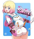  1girl ass backpack bag blue_eyes bowieknife breasts character_backpack cropped_legs gwen_poole gwenpool heart hooded_leotard leotard looking_back marvel multicolored_hair multicolored_leotard short_hair smile sound_effects spanking_self superhero thighs two-tone_hair 