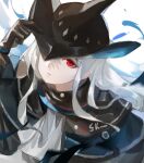  1girl arknights ascot black_capelet black_gloves black_headwear capelet gloves grey_ascot grey_hair hair_between_eyes hand_on_headwear hand_up hat highres long_hair looking_at_viewer one_eye_covered red_eyes simple_background skadi_(arknights) solo specter_(arknights) upper_body was775 water white_background 