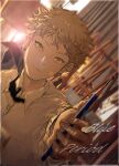  1boy absurdres artist_name black_necktie blue_period blurry blurry_foreground copyright_name day dutch_angle ear_piercing easel gecosense highres holding holding_pencil indoors male_focus necktie pencil piercing shirt short_hair white_shirt window yaguchi_yatora 